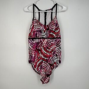 Paradise Bay Womens Size 16 One Piece Swim Suit Purple Red Black Geometric Laces